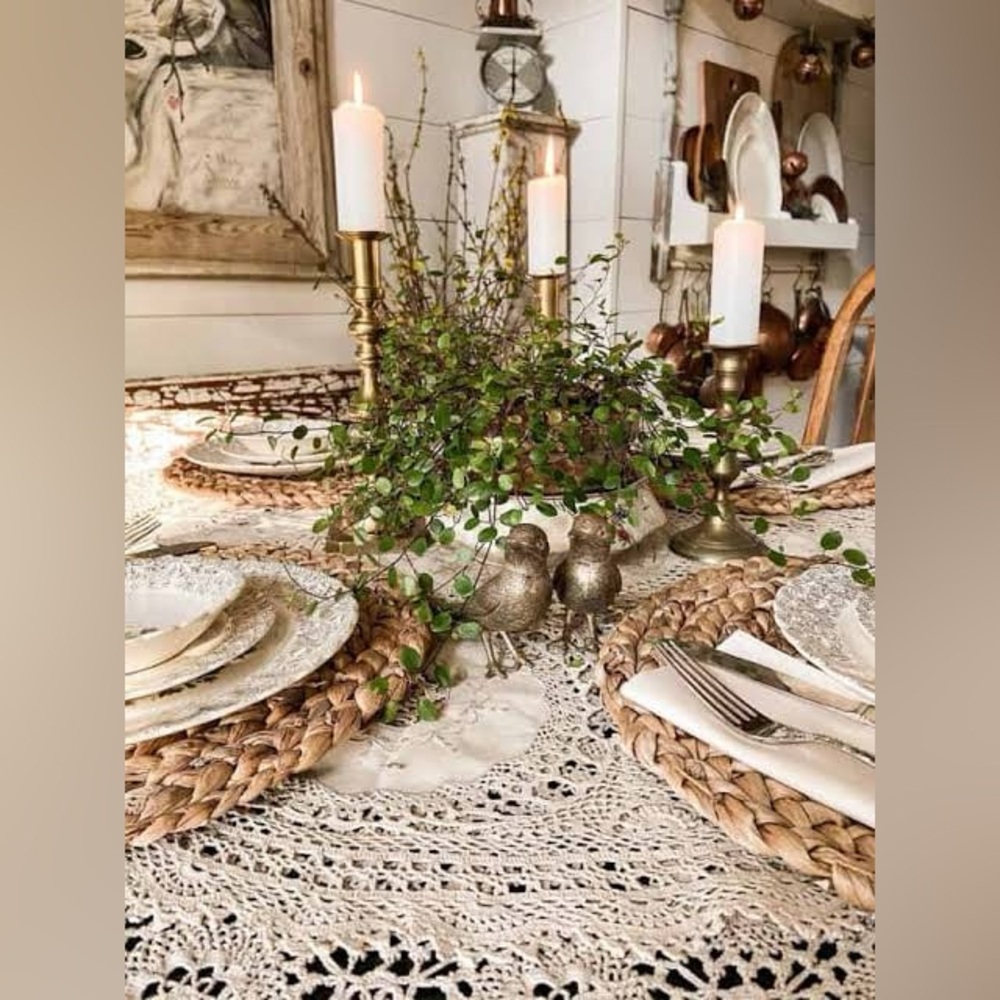 Artisan Farmhouse lace crochet boho table cloth w modern colonial granny vibe